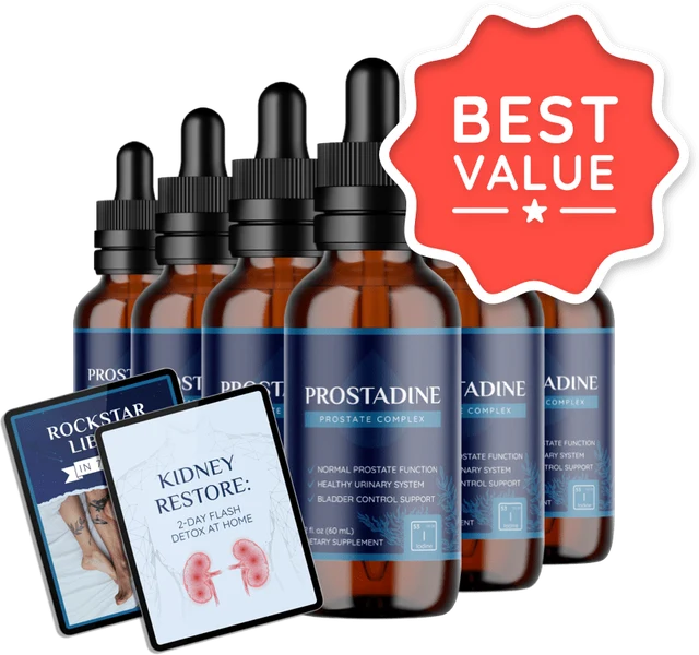 Six bottles of Prostadine liquid drops, the 180-day package