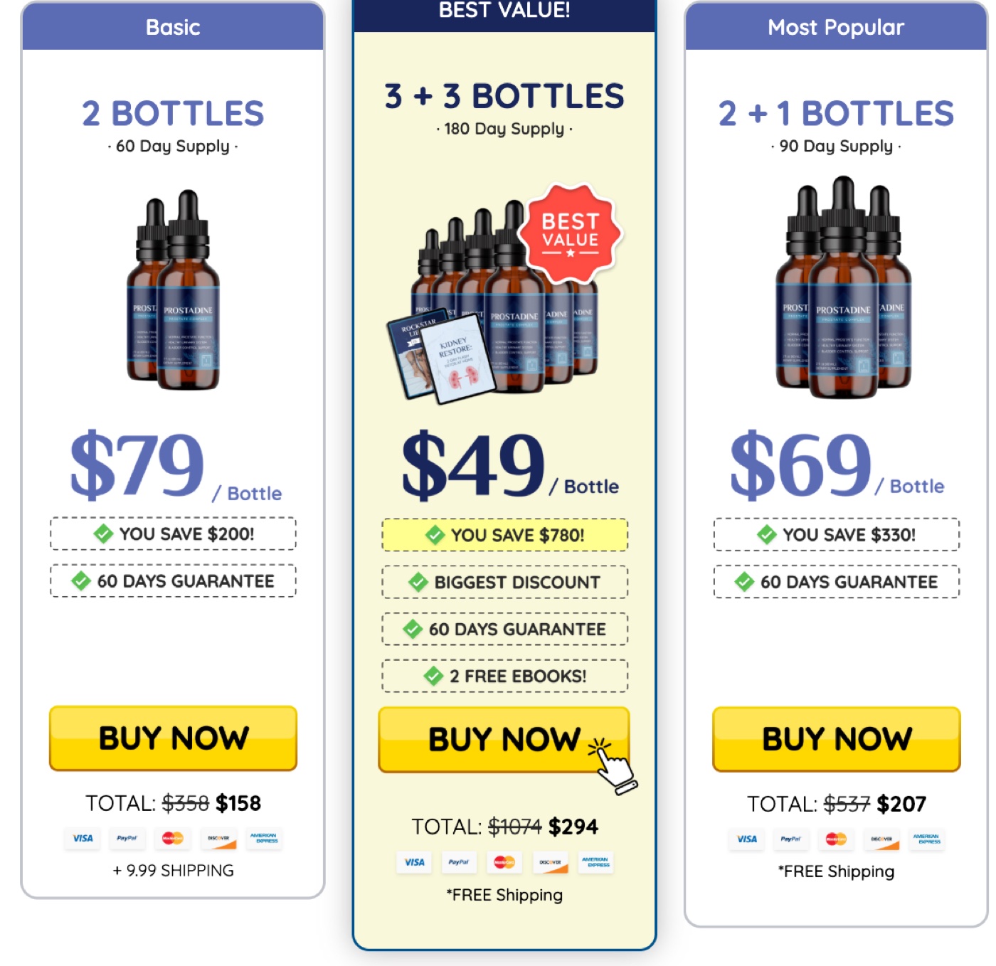 Prostadine price cards: 2 bottles $158 plus $9.99 shipping, 3 + 3 bottles $294 with free shipping, 2 + 1 bottles $207 with free shipping