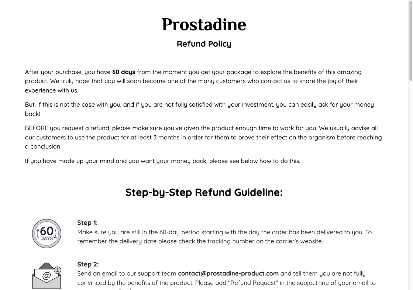 Prostadine refund policy page stating 60 days from the moment you get your package